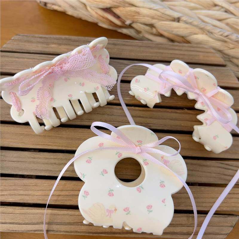 新款奶油风小碎花丝带结时尚抓夹~甜美温柔后脑勺盘发夹