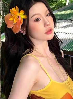 桔黄色蝴蝶兰头花发夹度假拍照氛围感头饰发卡超仙度假仿真花发饰