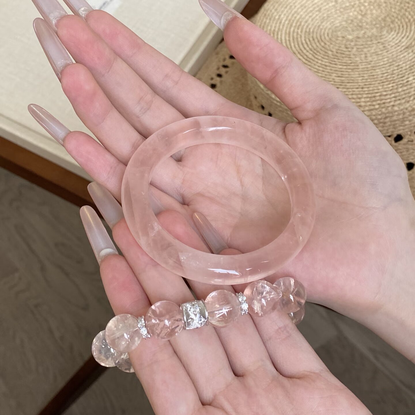 十里间【粉水晶狠货回归】天然粉晶芙蓉石手镯圆条镯子粉水晶手链