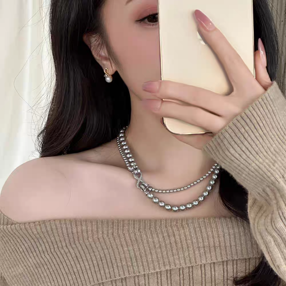 双层珍珠项链法式复古可拆分