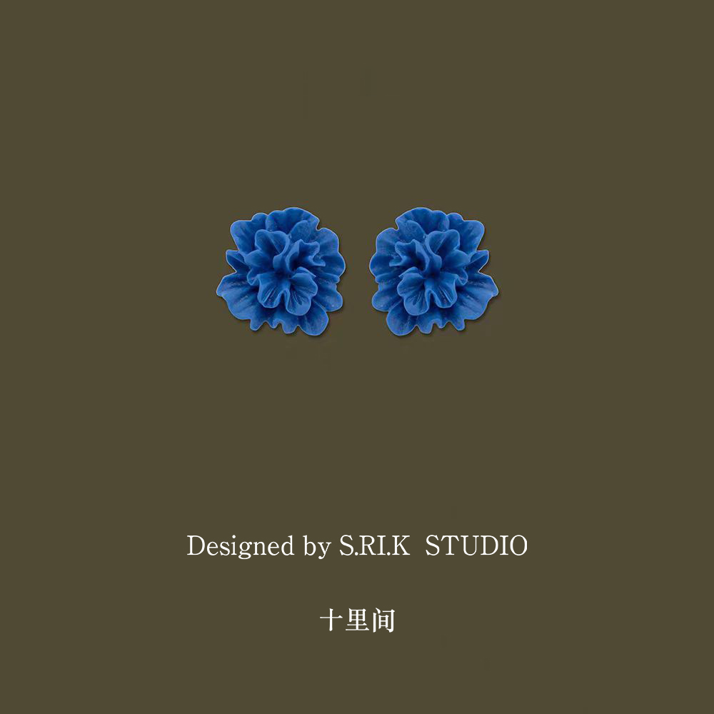 十里间蓝色花朵银针耳环耳夹