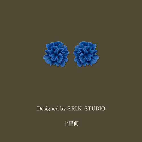 十里间蓝色花朵银针耳环耳夹