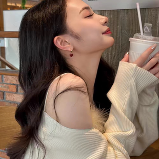 十里间【竹节桃心】一款两戴酒红爱心耳坠新款气质高级感耳环耳饰