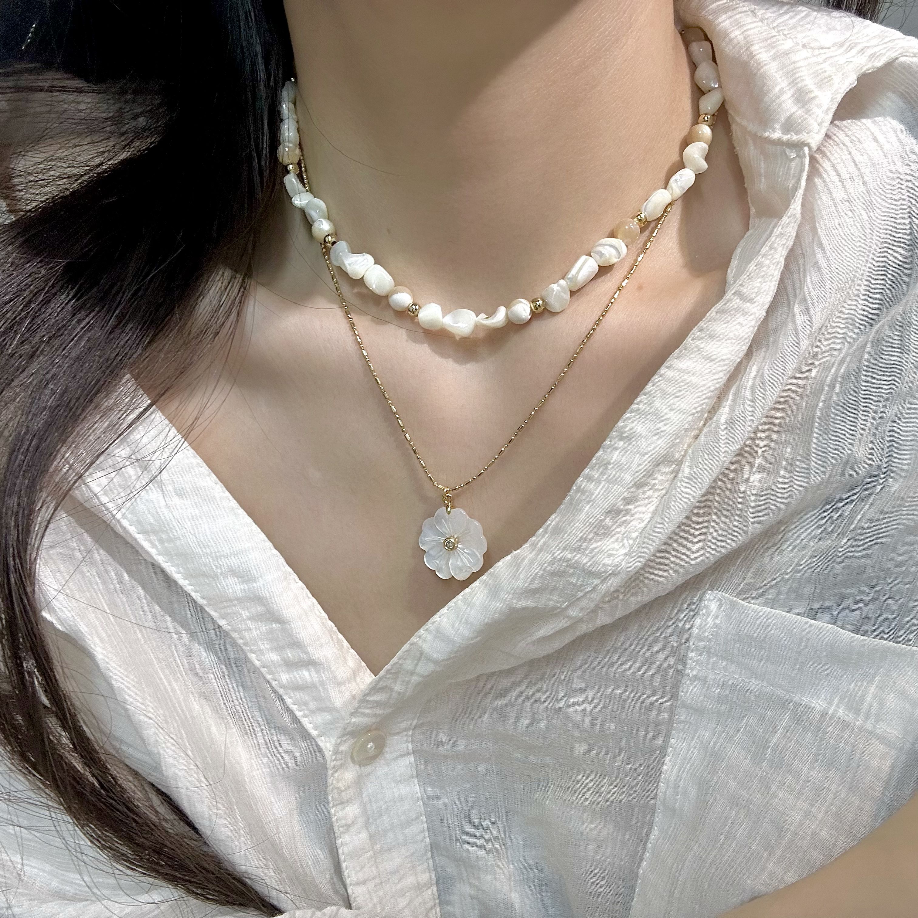 十里间【非常细腻的贝壳花】淡水珍珠项链星星叠戴锁骨链耳环套装