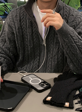 ASCLO&QIAO极简风复古麻花纹半高领毛衣男士宽松慵懒针织衫高级感