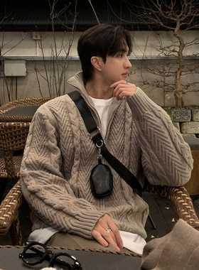 ASCLO&QIAO秋冬高级感毛衣半拉链针织衫男士麻花纹半高领百搭开衫