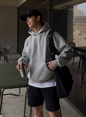 ASCLO&QIAO早秋韩系连帽卫衣男休闲潮流宽松青年百搭帅气灰色上衣