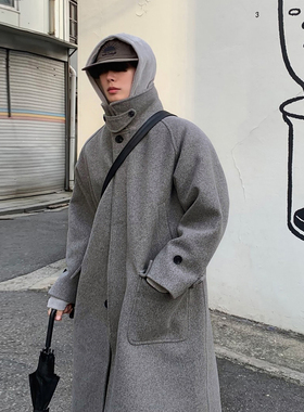 ASCLO&QIAO秋冬毛呢大衣宽松单排扣过膝翻领高级灰色呢子外套男士