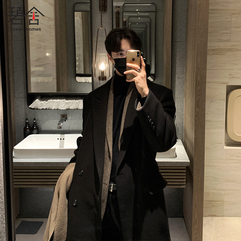 宽松黑色长款加厚外套男毛呢大衣