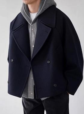 ASCLO&QIAO韩版潮流毛呢大衣男士短款百搭呢子双排扣休闲宽松外套