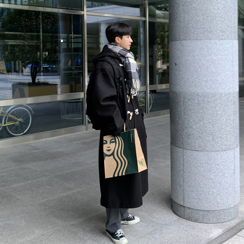 ASCLO&QIAO韩版毛呢大衣长款过膝连帽风衣外套男宽松百搭加厚冬装