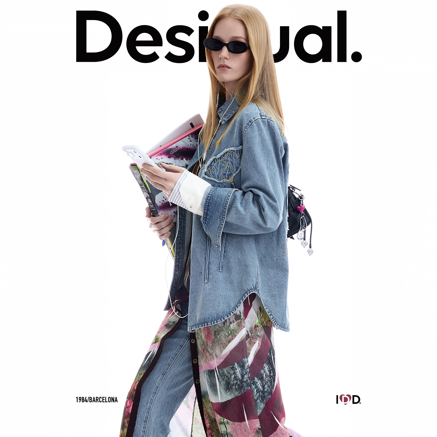 Desigual26秋冬新品宽松水洗牛仔立体花朵贴布绣花长袖女式衬衫
