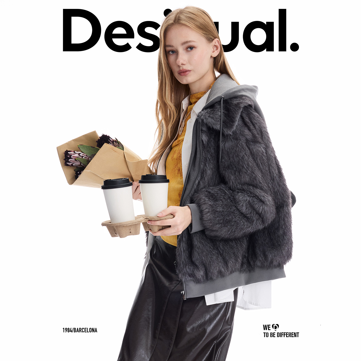 Desigual仿皮草假两件拼接连帽卫衣灰色女士外套
