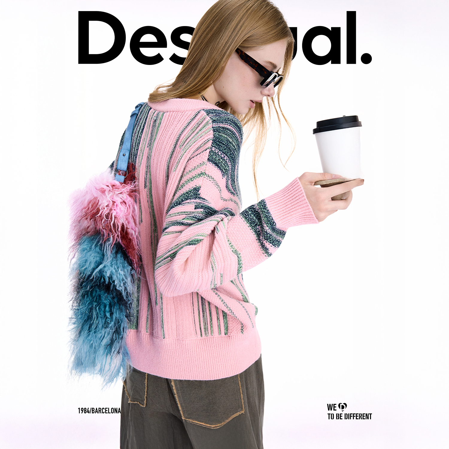 Desigual25秋冬新品撞色不规则细条提花圆领长袖女士针织衫