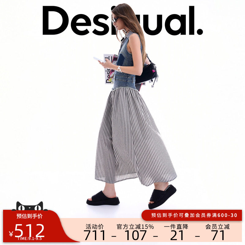 Desigual26秋冬新品修身水洗牛仔拼接条纹翻领无袖长款连衣裙图片