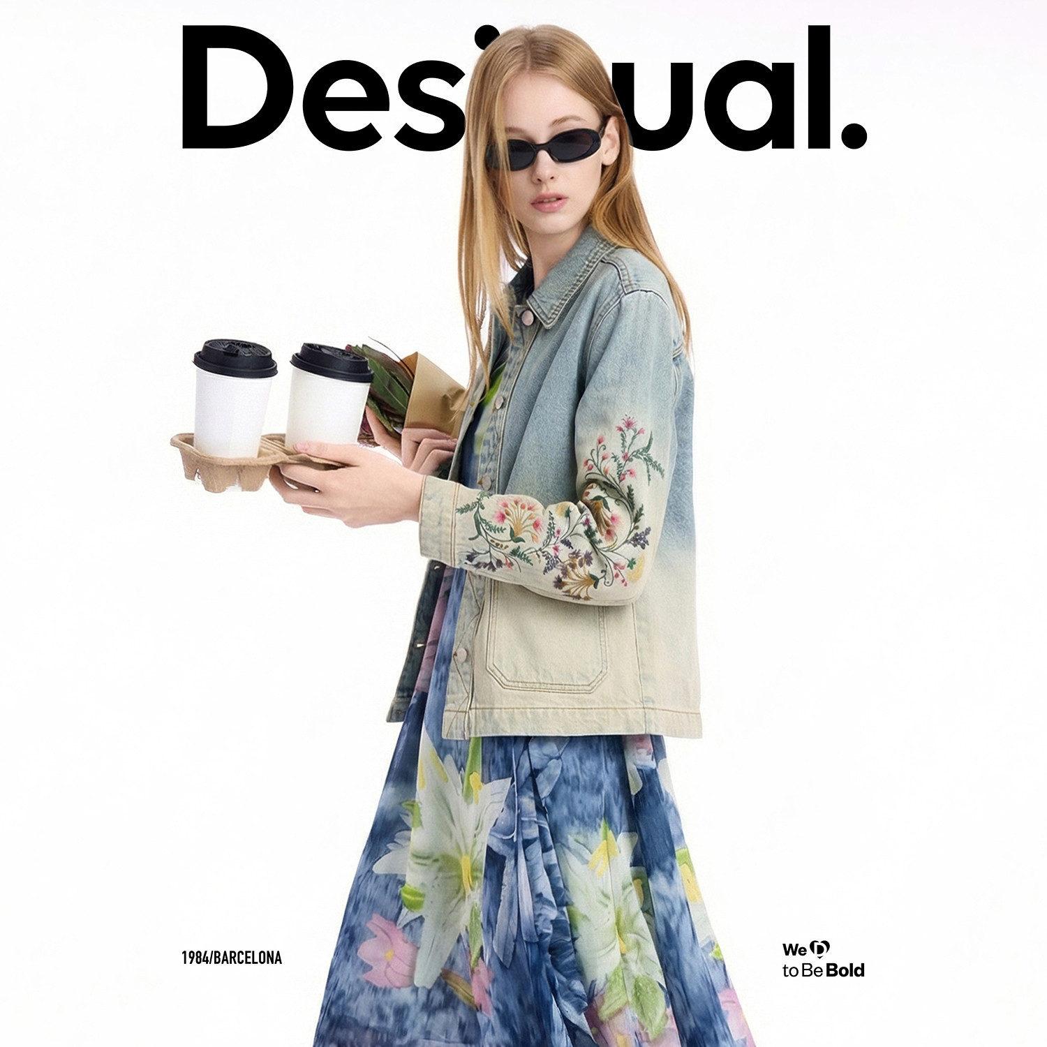 Desigual26春夏新品廓形渐变水洗花卉刺绣牛仔女式外套