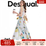Desigual26春夏新品手绘风景花卉印花收腰无袖连衣裙
