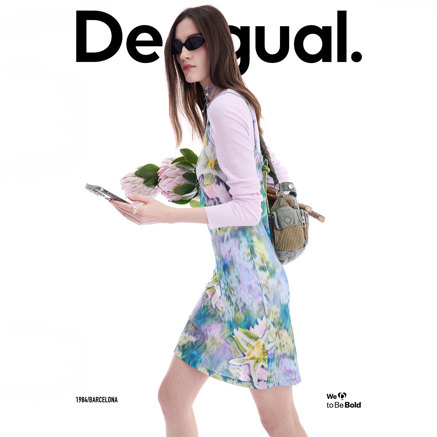 Desigual26春夏新品花卉印花弹力修身吊带两件套连衣裙
