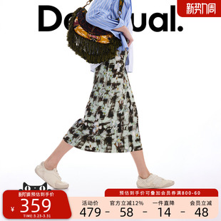 Desigual26春夏新品 直筒花卉格纹印花翻边半身裙