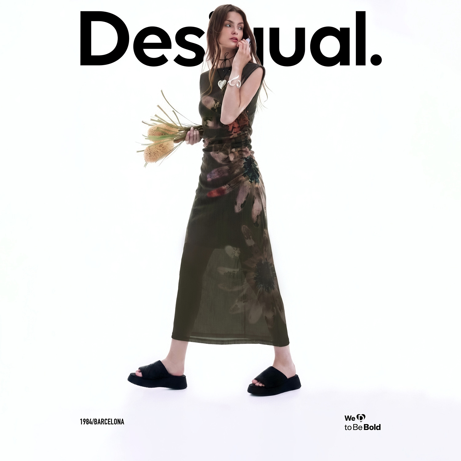 Desigual26秋冬新品弹力修身斑驳花卉印花一字领落肩无袖连衣裙