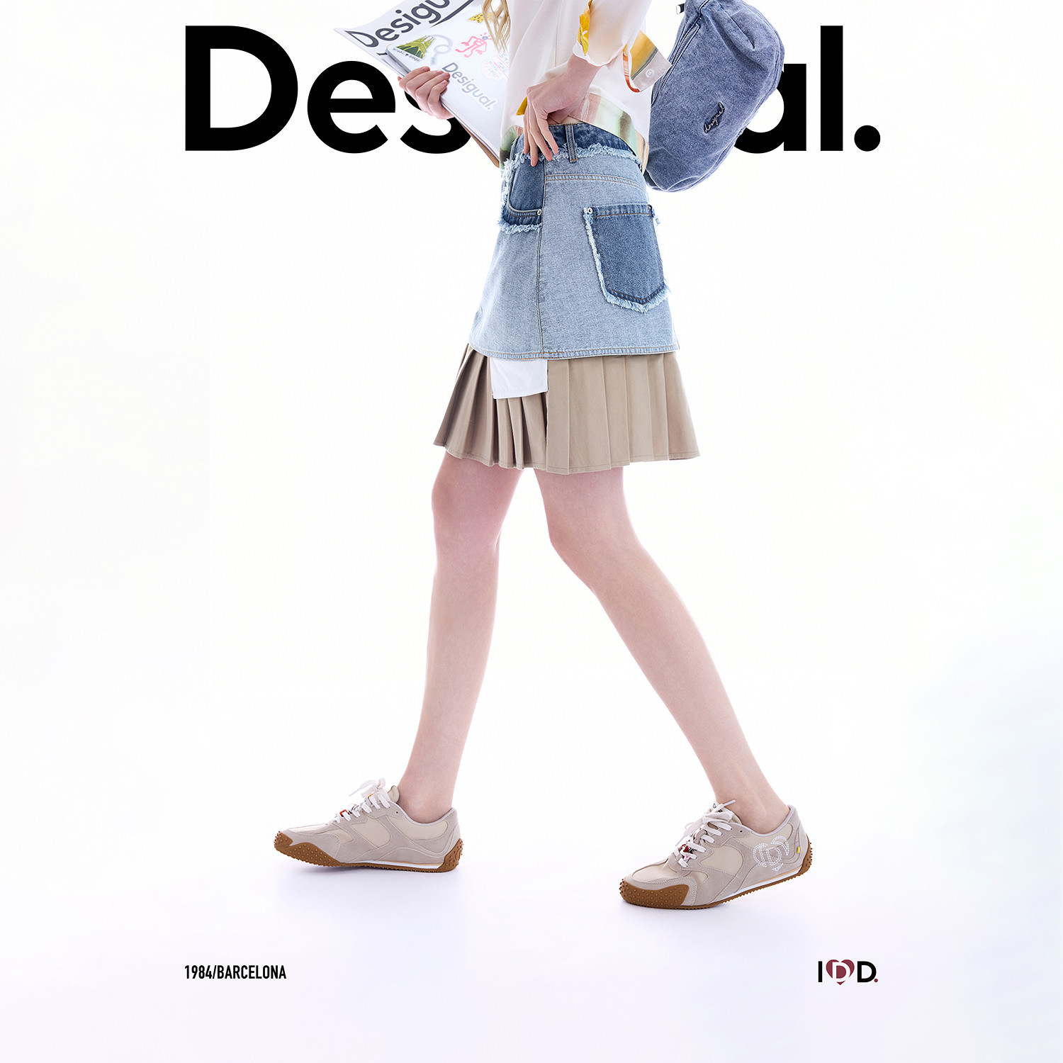Desigual26秋冬新品牛仔拼接毛边撞色百褶裙短款半身裙