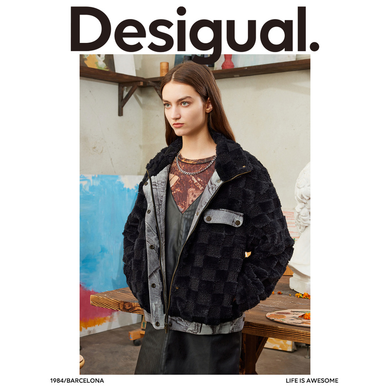 Desigual【西班牙时尚品牌】廓形印花拼接立领仿貂毛女式外套