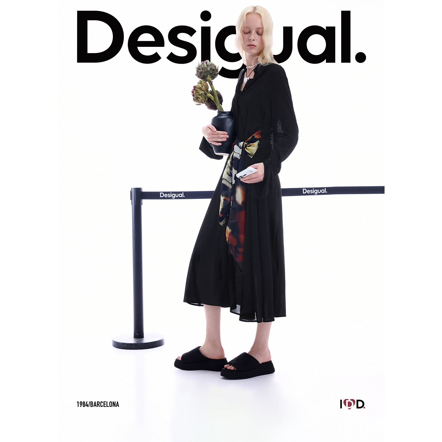 Desigual26秋冬新品黑色垂感衬衫撞色印花腰带连衣裙