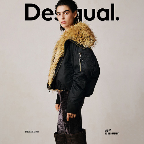 DesigualStudio系列仿皮草拼接大翻领飞行夹克女士外套