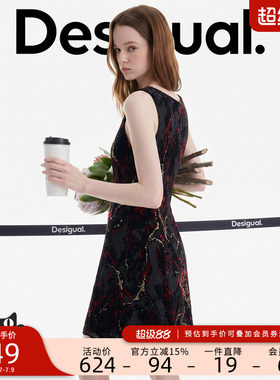 Desigual26春夏新品修身丝绒烧花抽象印花无袖方领女式背心连衣裙