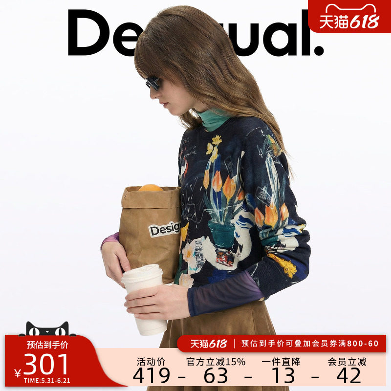 Desigual26春夏新品Lacroix联名插画花朵印花圆领长袖女式针织衫