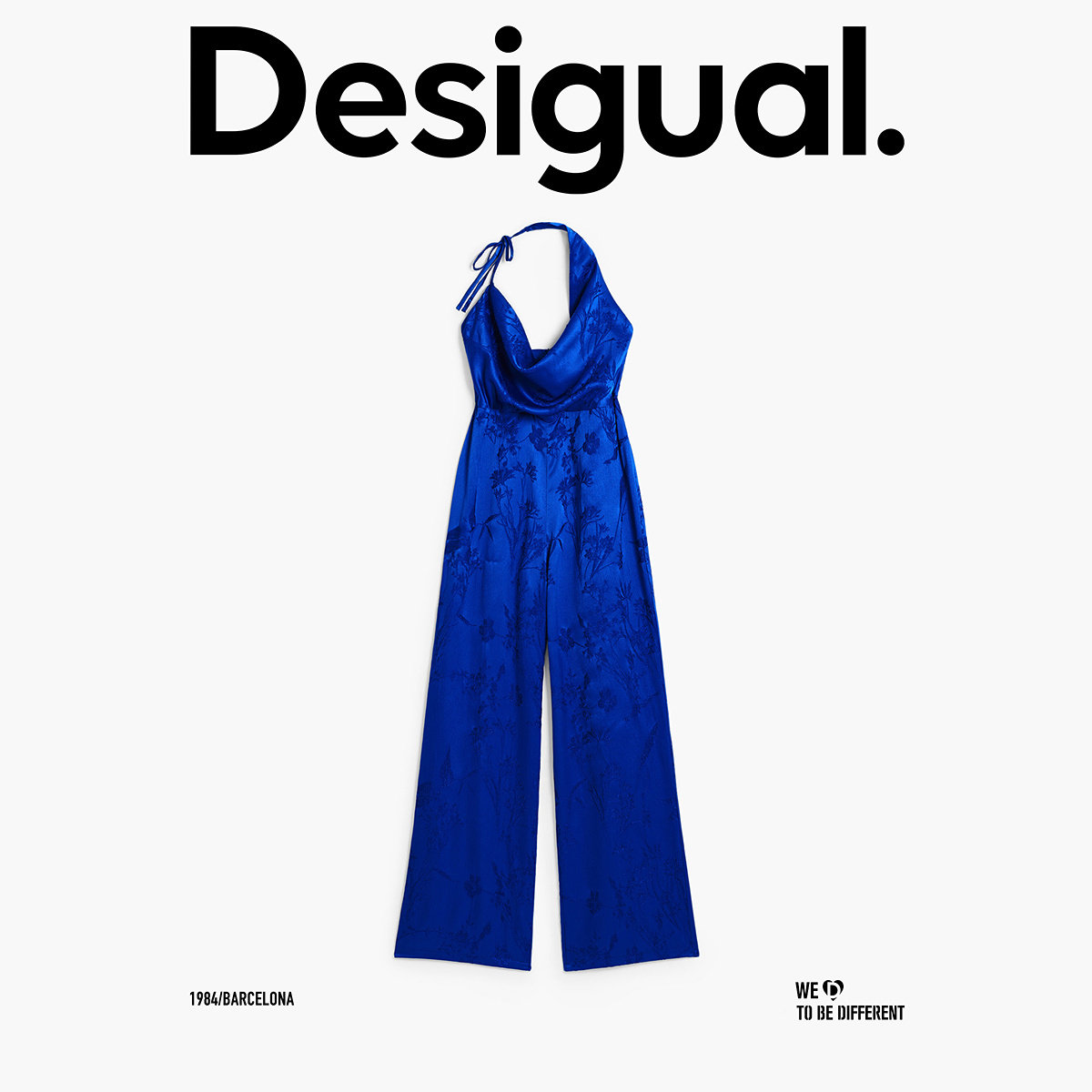 Desigual蓝色花卉绣花面料休闲不对称无袖绑带连体裤长裤