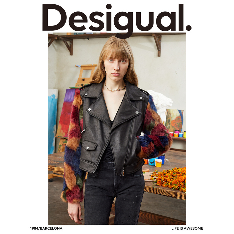 Desigual【西班牙时尚品牌】加厚可拆卸仿皮草袖机车风女式外套