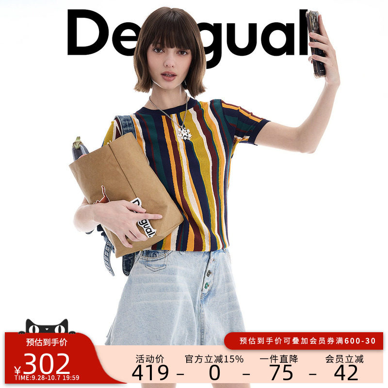 【LACROIX联名】Desigual新品彩色条纹镂空拼接女式针织衫