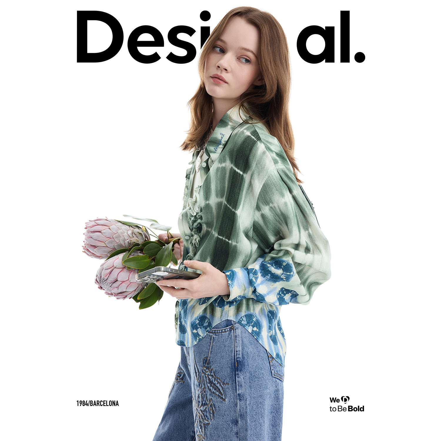 【呼呼专享】Desigual蓝绿色扎染印花花边女式衬衫