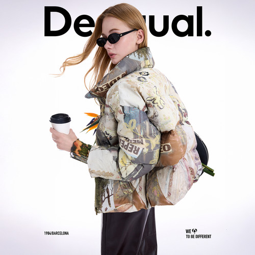 【保暖90白鸭绒】Desigual25秋冬新品手绘印花翻领短款女士羽绒服