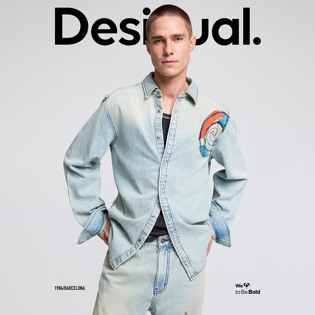 Desigual26秋冬新品宽松水洗做旧涡纹涂鸦花卉印花男式牛仔衬衫