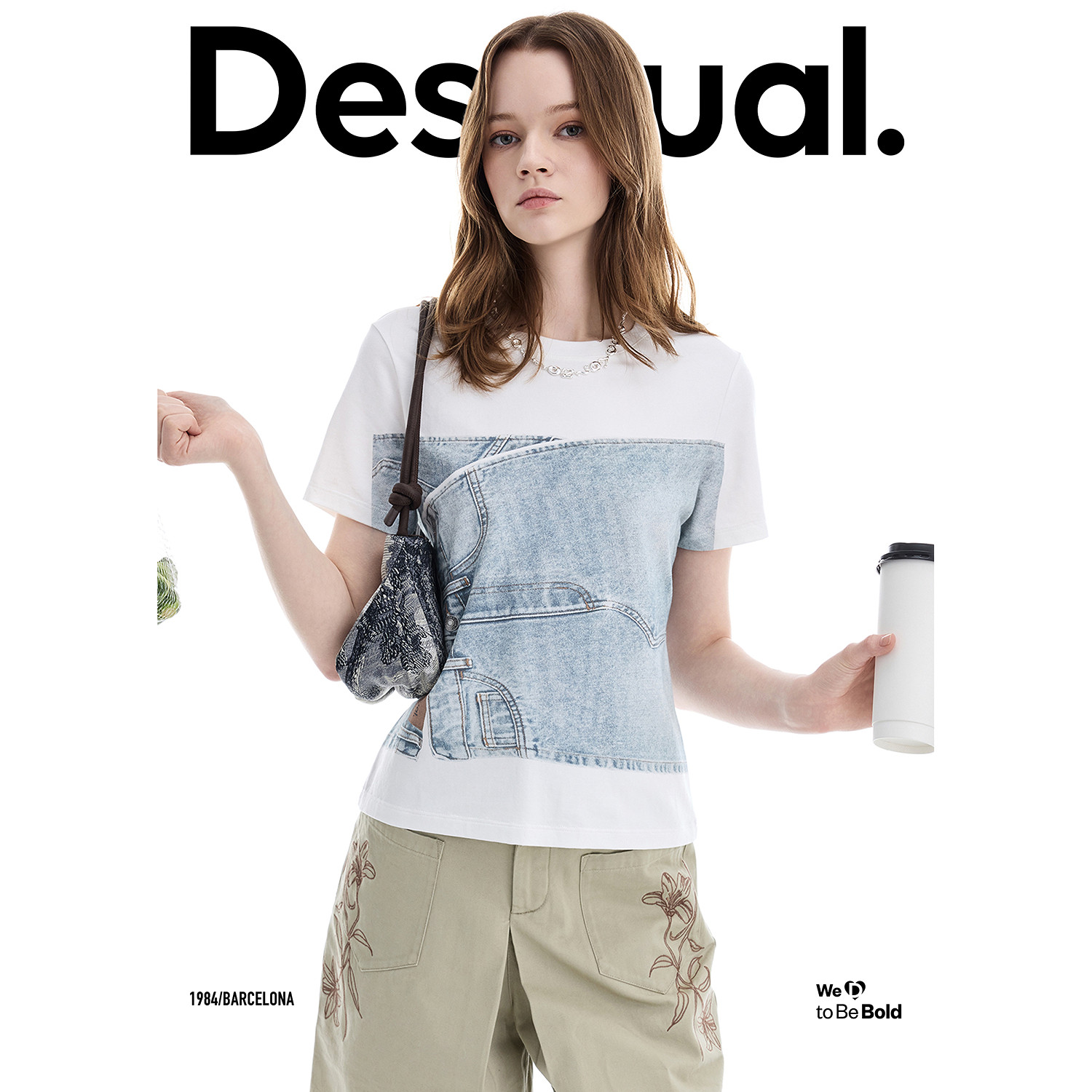 Desigual26【博主同款】春夏新品修身仿牛仔印花短袖女式T恤
