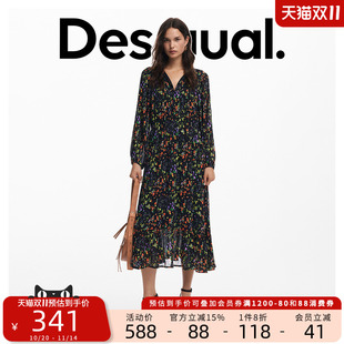 连衣裙 长款 Desigual碎花V领系带压褶灯笼袖 长袖