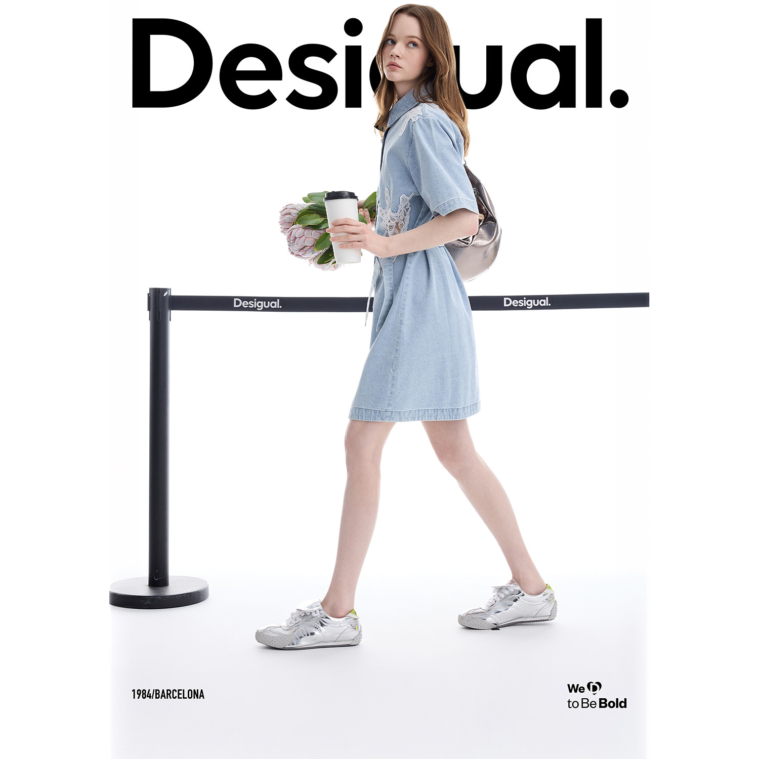 Desigual26春夏新品牛仔蕾丝镂空拼接翻领连衣裙
