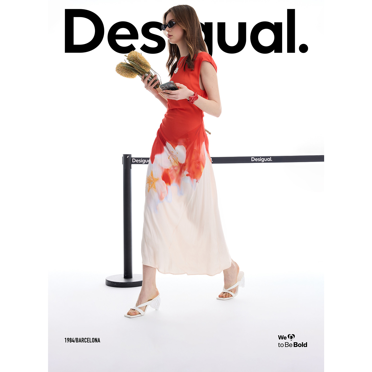 Desigual26春夏新品合体撞色花卉拼接印花侧腰褶皱设计连衣裙