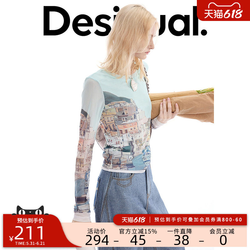 Desigual26【博主同款】春夏新品修身城市印花网纱长袖女式T恤