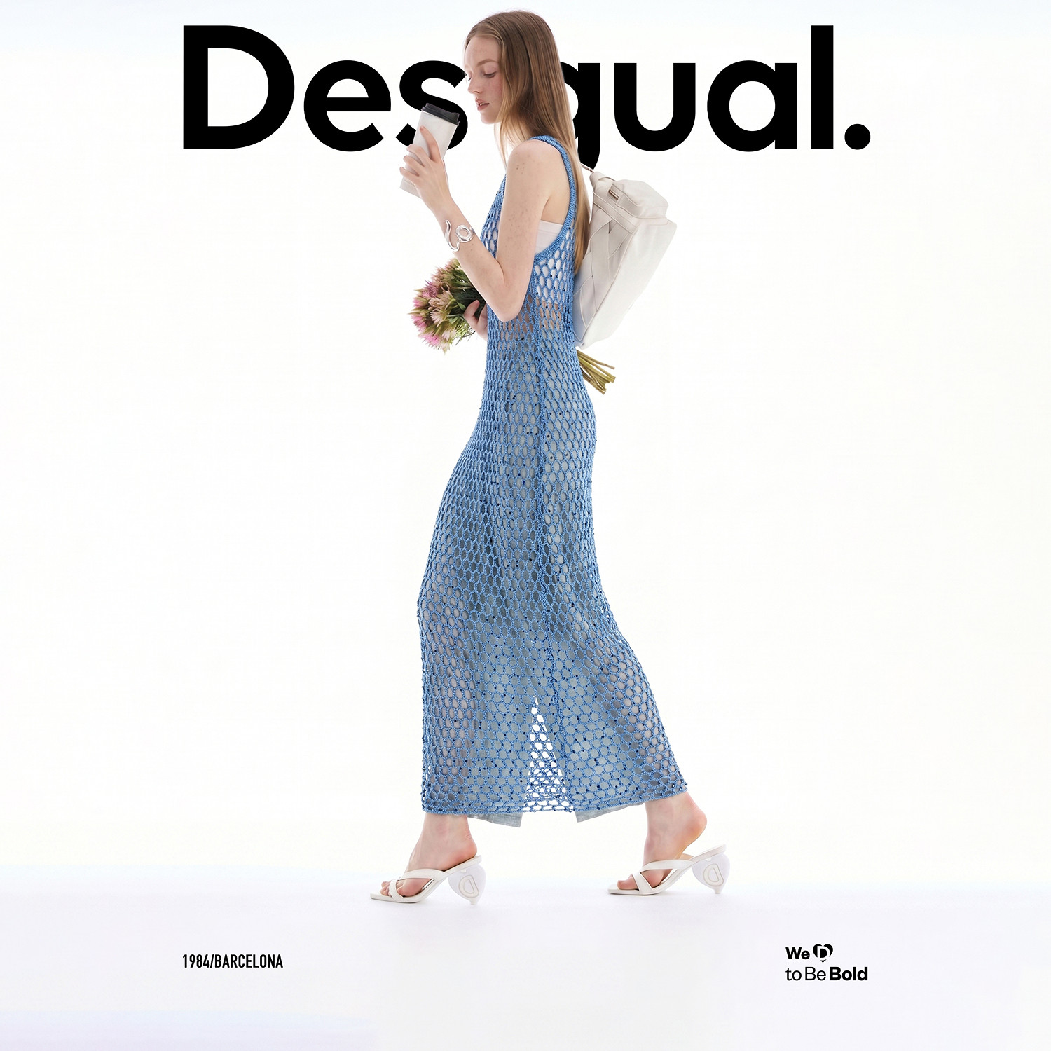 Desigual26春夏新品钩针亮片镂空蓝色无袖连衣裙