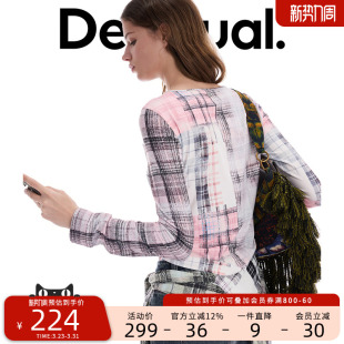 Desigual26春夏新品 T恤 合体弹力印花拼接镂空领口设计女式