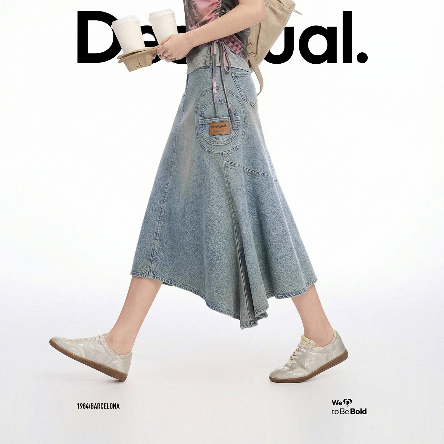 Desigual26春夏新品复古水洗圆形贴布不对称鱼尾女式牛仔半身裙