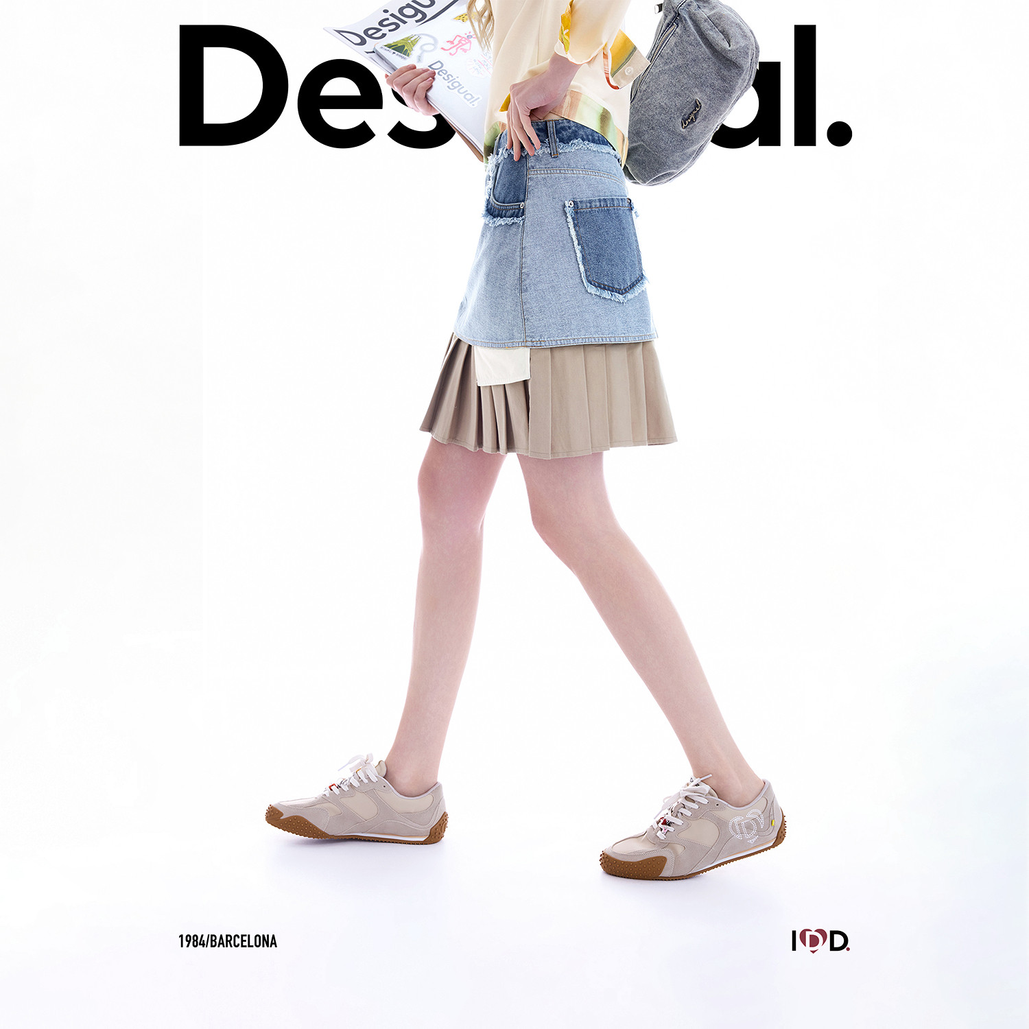 Desigual26秋冬新品牛仔拼接毛边撞色百褶裙短款半身裙