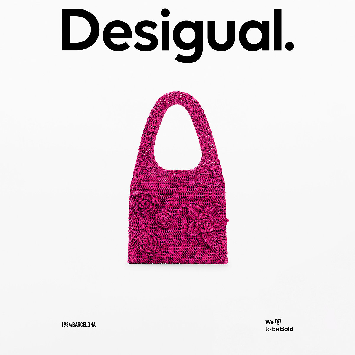 Desigual26春夏新品玫红手工钩针花朵装饰单肩手提包