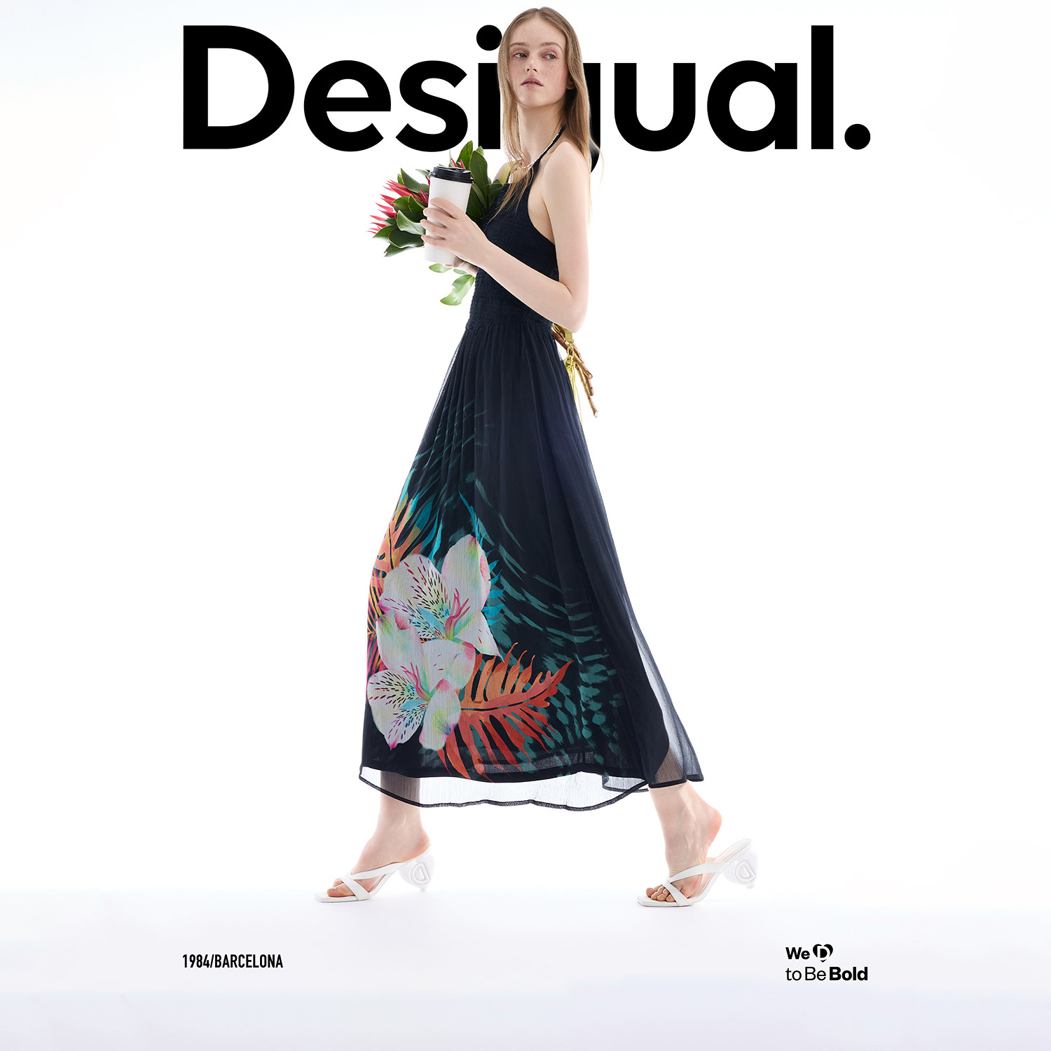 Desigual26春夏新品轻薄手绘热带花卉印花司马克工艺系带连衣裙