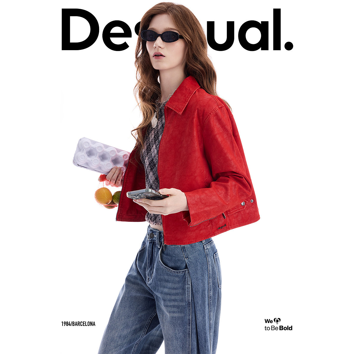 Desigual26春夏新品PU红色机车风格翻领夹克女式外套