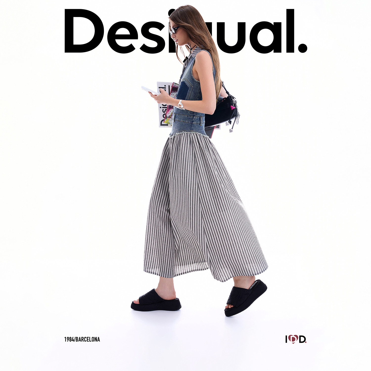 Desigual26秋冬新品修身水洗牛仔拼接条纹翻领无袖长款连衣裙