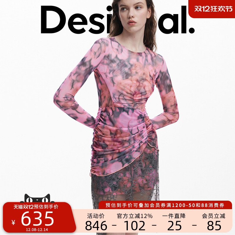 【Collina Strada联名】粉色花卉印花蕾丝拼接连衣裙 - 封面